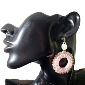 Women Pink Wood Glass Beads Hoop Circle Drop Dangle French Hook Earrings Jewelry